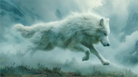 A stunning image of a white wolf in mid-run, surrounded by a mystical misty landscape. This powerful...