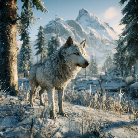 A majestic wolf stands gracefully in a snowy landscape, framed by towering mountains. This serene...
