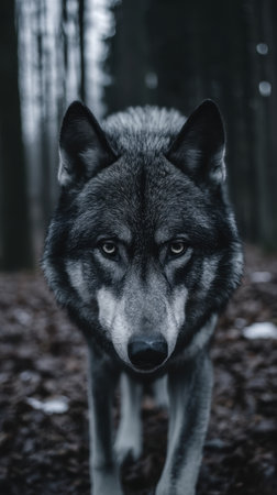 A striking gray wolf gazes intensely through a dimly lit forest, embodying the essence of...