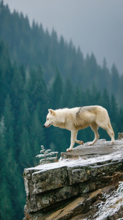 A striking white wolf gracefully walks along a rocky cliff edge, surrounded by a tranquil forest...