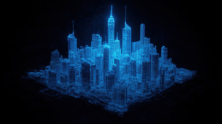 Vibrant blue 3D cityscape visualization showcasing a futuristic skyline. The wireframe design highlights intricate architectural details against a black backdrop.の写真素材