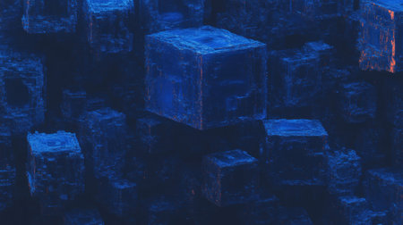 This abstract digital background features floating blue shapes against a dark space, creating a modern and futuristic visual element for various design projects.の写真素材
