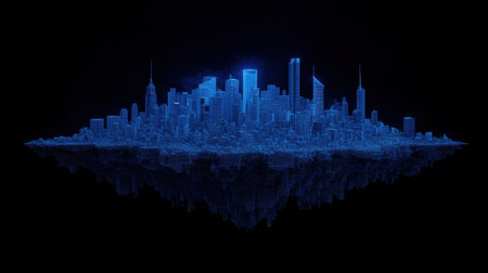 Immerse in this surreal digital cityscape featuring futuristic skyscrapers glowing in blue, creating a striking reflection in the dark. Perfect for innovation themes.の写真素材