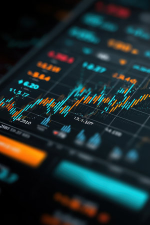 Detailed capture of financial trading chart showcasing colorful data visualizations and metrics on a...