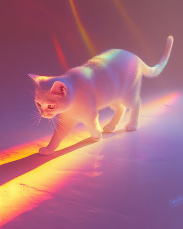 A charming white cat playfully walks across a colorful, light-reflective surface, creating an ethereal atmosphere filled with vibrant colors and soft shadows.の写真素材