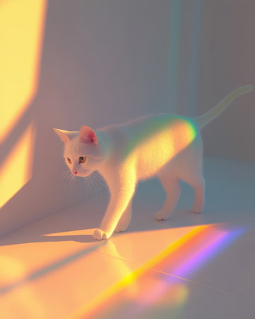 A charming white cat strolls gracefully across a sunlit floor, creating a serene and joyful atmosphere in an indoor setting.の写真素材