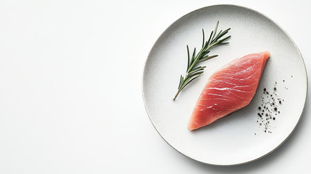 A vibrant raw tuna steak sits elegantly on a minimalist plate, garnished with fresh rosemary and a...