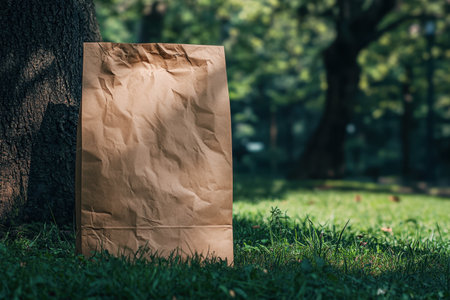 A plain brown paper bag is positioned against a tree trunk in a sunlit park. The scene captures the essence of nature, minimalism, and tranquility in an outdoor setting.の写真素材
