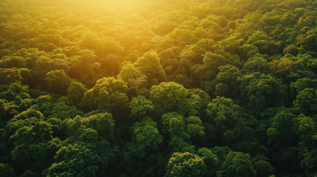 Breathtaking aerial view of a lush green forest canopy illuminated by golden sunlight. This idyllic...