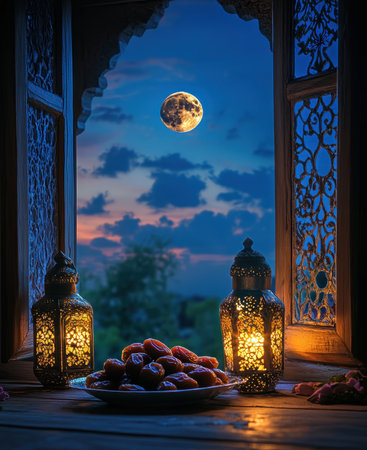 A serene night scene featuring beautifully illuminated lanterns and a plate of dates, set against a moonlit sky, perfect for Ramadan celebrations.の写真素材