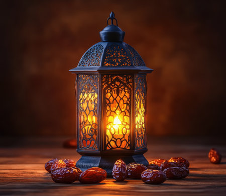 A traditional Arabian lamp beautifully illuminated, surrounded by dates creates a warm, inviting ambiance, perfect for cultural or decorative themes.の写真素材