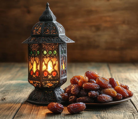 A beautifully crafted traditional Arabian lamp illuminating a pile of dates. This arrangement captures the warmth and cultural essence of Arabian hospitality, perfect for any decorative or culinary setting.の写真素材