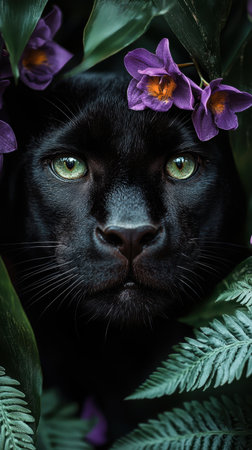 A captivating portrait of a black panther amidst lush greenery and vibrant flowers, showcasing its striking green eyes and serene expression in nature's beauty.の写真素材