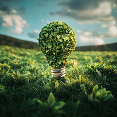This captivating 3D image combines a light bulb and greenery, symbolizing innovation and sustainability in a vibrant, eco-friendly landscape.の写真素材