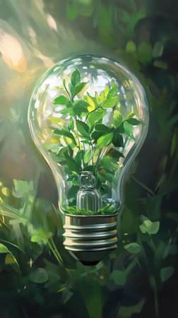 A beautifully crafted light bulb filled with vibrant green leaves, symbolizing growth and...