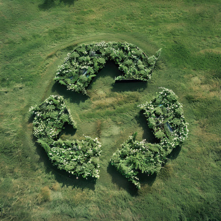 This image showcases a vibrant recycling symbol crafted from lush plants, emphasizing sustainability and eco-friendliness in a natural environment.の写真素材