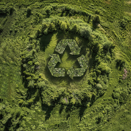 An aerial view of a recycling symbol created from lush green plants, representing nature's harmony and eco-friendliness. A vibrant scene of sustainability.の写真素材