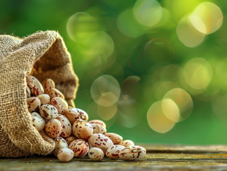 A burlap sack spills fresh brown fruits onto a rustic wooden table, surrounded by a vibrant, blurred green background, perfect for seasonal and organic themes.の写真素材