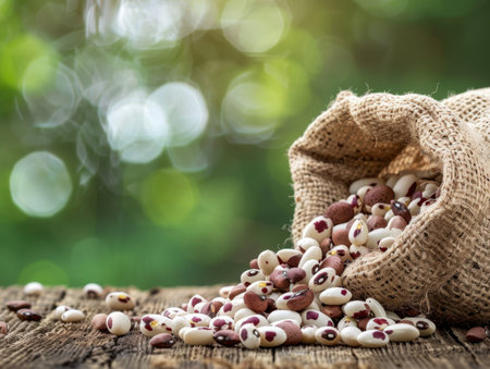 A beautiful display of fresh brown beans spilling from a light sack onto a rustic wooden table, showcasing vibrant colors and a natural setting, perfect for culinary themes.の写真素材