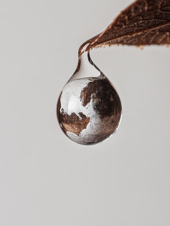 This stunning macro shot captures a single water drop delicately clinging to a leaf. The drop reflects its surroundings, enhancing the beauty of nature.の写真素材