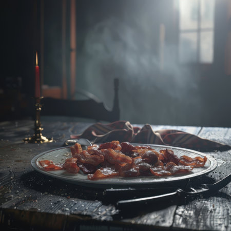Enjoy a tempting plate of crispy, hot bacon on a rustic table, perfectly capturing the inviting ambiance of a delicious breakfast or brunch setting.の写真素材