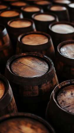 A collection of dark toned oak barrels arranged closely together, showcasing rich texture and craftsmanship. Ideal for beverage storage, rustic decor, or industry themes.の写真素材