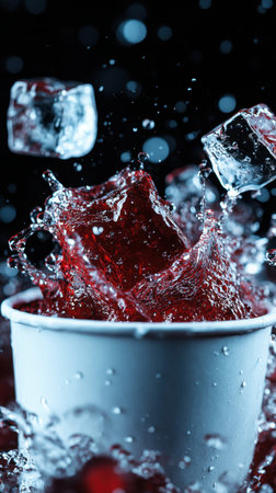 A dynamic splash of a fizzy red beverage erupts from a cup, capturing ice cubes in motion. Vibrant and refreshing, perfect for summer occasions.の写真素材