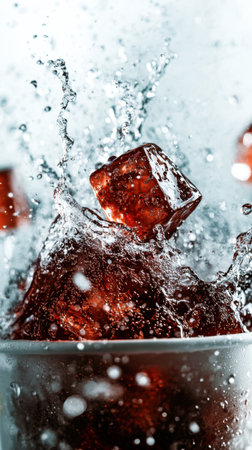 An exhilarating image of a fizzy red beverage erupting with dynamic splashes. Ice cubes create a lively scene, capturing the refreshing essence perfect for summer celebrations.の写真素材