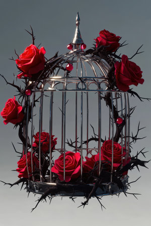 This striking image features an elegant birdcage decorated with vibrant red roses and dark thorns, creating a compelling blend of beauty and nature. Ideal for artistic projects.の写真素材