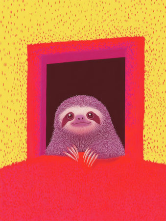 A whimsical illustration of a sloth peeking through a window, showcasing its adorable expression and furry features in a vibrant setting. Perfect for nature lovers and art enthusiasts!の写真素材