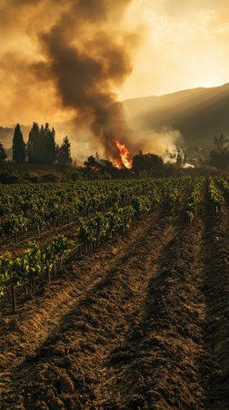 A dramatic scene of a rural agricultural field with a vineyard, showcasing smoke and fire against a backdrop of hills, creating a stark contrast in nature.の写真素材
