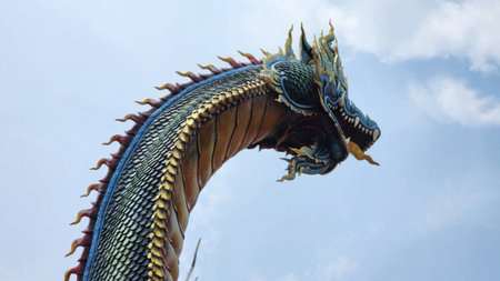 This stunning dragon sculpture showcases intricate details and vibrant colors under a blue sky, symbolizing strength and culture in a beautiful display of artistry.の写真素材