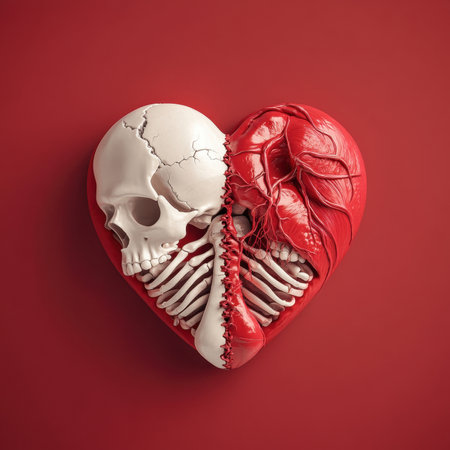 This striking artwork features a heart shape that seamlessly merges a skull and anatomical heart, symbolizing life and death. Perfect for medical themes.の写真素材