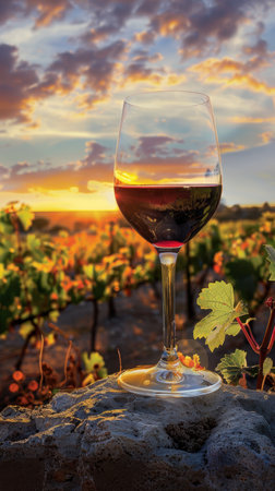 A captivating scene of a glass of red wine placed on a stone among lush vineyards during a vibrant sunset. Perfect for visual storytelling and relaxation themes.の写真素材