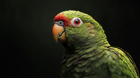 This stunning portrait showcases a vibrant green parrot featuring a striking red accent on its head and eye, capturing the essence of exotic wildlife.の写真素材