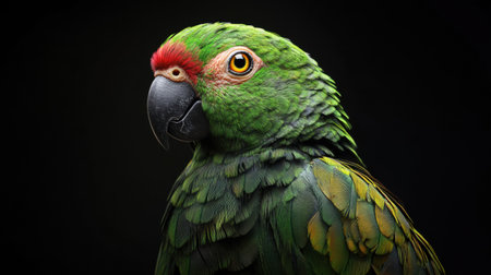 Stunning portrait of a colorful parrot featuring a bright red crown. The vivid green and yellow feathers contrast against a black background, highlighting the bird's beauty.の写真素材