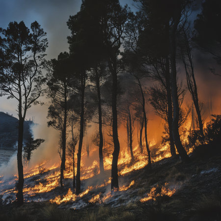 A dramatic scene of a wildfire engulfing a forest, with flames lighting up the trees and thick smoke...