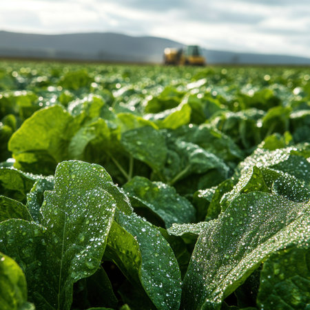 A vibrant farm field showcases fresh green leaves glistening with water droplets in the sunlight....