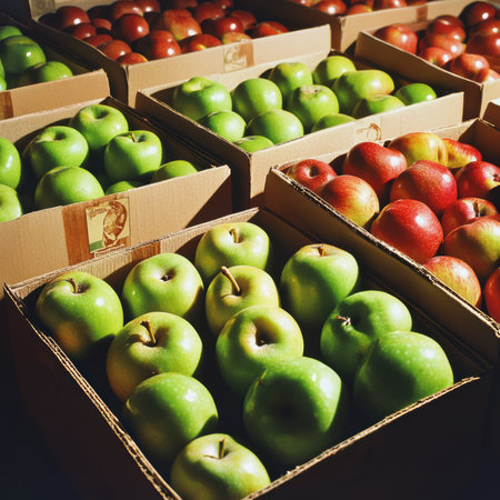 Vibrant display of freshly harvested apples in wooden boxes, showcasing green and red varieties perfect for healthy eating. Ideal for food-themed projects and marketing.の写真素材