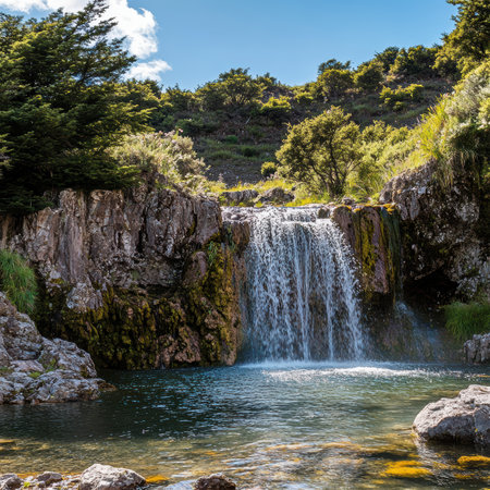 A breathtaking view of a serene waterfall flowing into a tranquil pool surrounded by lush greenery, showcasing the beauty of nature in a bright landscape.の写真素材