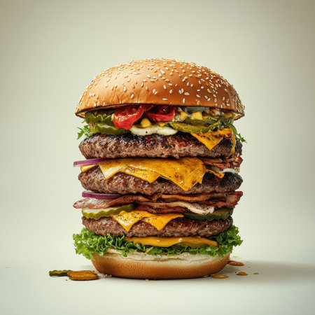 An eye-catching vibrant burger with three juicy patties, layers of cheese, and fresh toppings. Perfect for food lovers, chefs, and restaurants.の写真素材