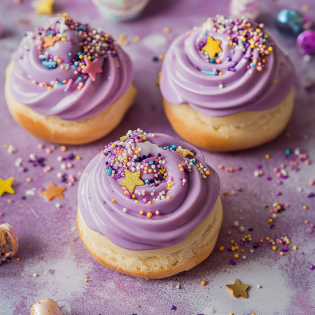 Delicious purple frosted cupcakes adorned with colorful sprinkles and stars, perfect for any celebration or festive occasion. A sweet treat for all!の写真素材