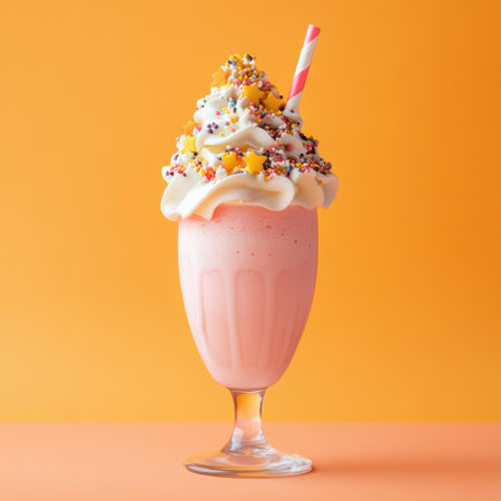 A vibrant milkshake adorned with colorful sprinkles and whipped cream, perfect for summer gatherings. This delightful beverage promises a sweet treat for all ages.の写真素材
