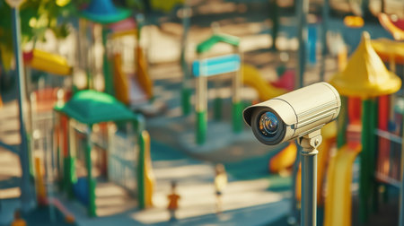 A surveillance camera captures a vibrant playground scene, highlighting the safety and monitoring aspects in an outdoor recreational area. Ideal for discussions on security.の写真素材