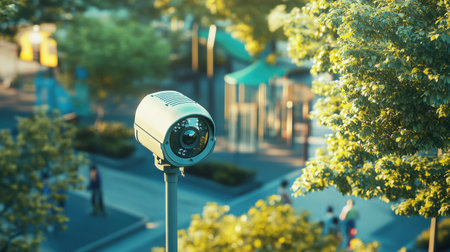 A surveillance camera mounted in a park setting captures the vibrant interplay of nature and...