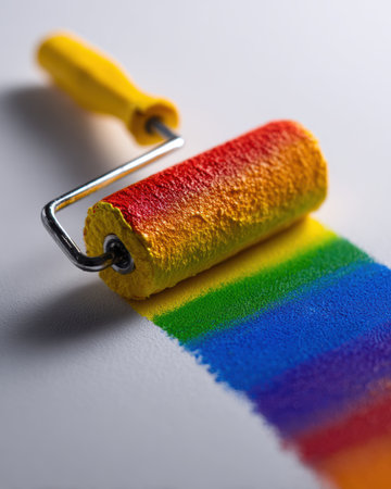 A bright paint roller showcases a spectrum of rainbow colors spilling onto a smooth surface, perfect for creative projects and artistic expression in home decor.の写真素材