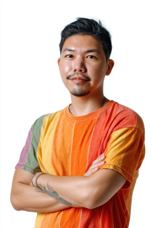 A portrait of a confident man wearing a colorful t-shirt, posing with arms crossed. The bright colors and relaxed expression create a vibrant and engaging atmosphere.の素材