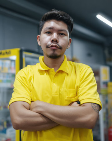 A confident young man wearing a yellow polo shirt stands with arms crossed, showcasing a serious expression in a vibrant grocery store setting.の素材