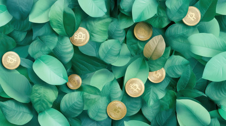 This visually stunning image features lush green leaves surrounding shiny gold coins, symbolizing the connection between nature and finance. Ideal for themes of prosperity and sustainable investment.の写真素材