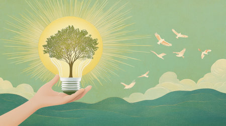 A hand cradles a light bulb shaped like a tree, symbolizing growth and innovation. Birds soar...